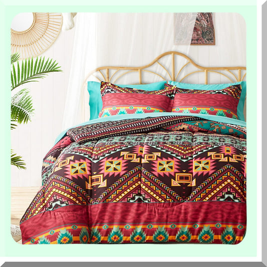 Colorful Boho Dream 7-Piece Bedding Set - Bohemian Tribal Comforter with Teal Sheets - All Season Bed in a Bag - 1 Comforter, 1 Flat Sheet, 1 Fitted Sheet, 2 Pillow Shams, 2 Pillowcases