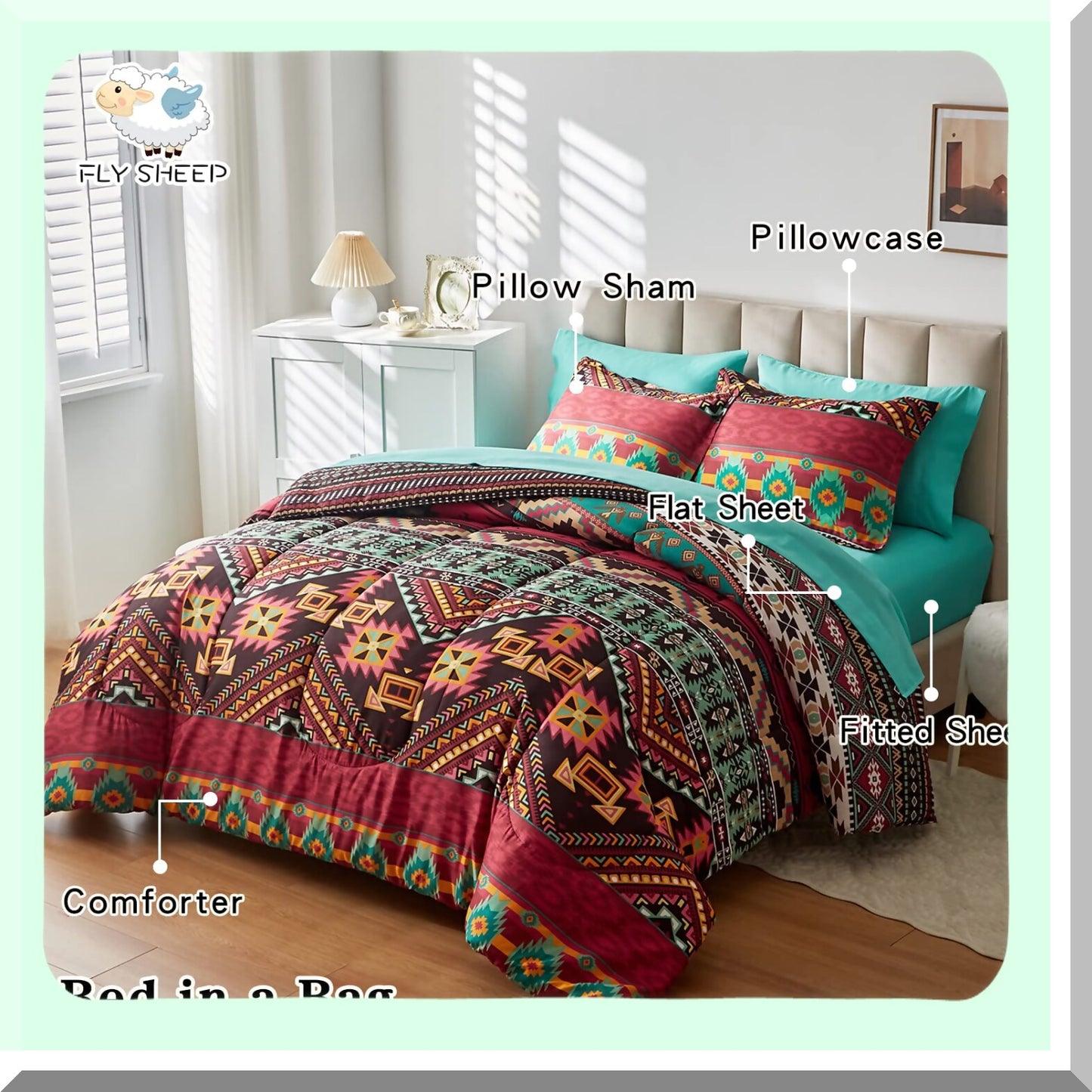 Colorful Boho Dream 7-Piece Bedding Set - Bohemian Tribal Comforter with Teal Sheets - All Season Bed in a Bag - 1 Comforter, 1 Flat Sheet, 1 Fitted Sheet, 2 Pillow Shams, 2 Pillowcases