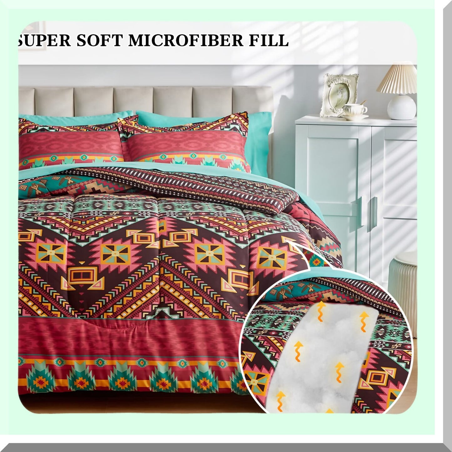 Colorful Boho Dream 7-Piece Bedding Set - Bohemian Tribal Comforter with Teal Sheets - All Season Bed in a Bag - 1 Comforter, 1 Flat Sheet, 1 Fitted Sheet, 2 Pillow Shams, 2 Pillowcases