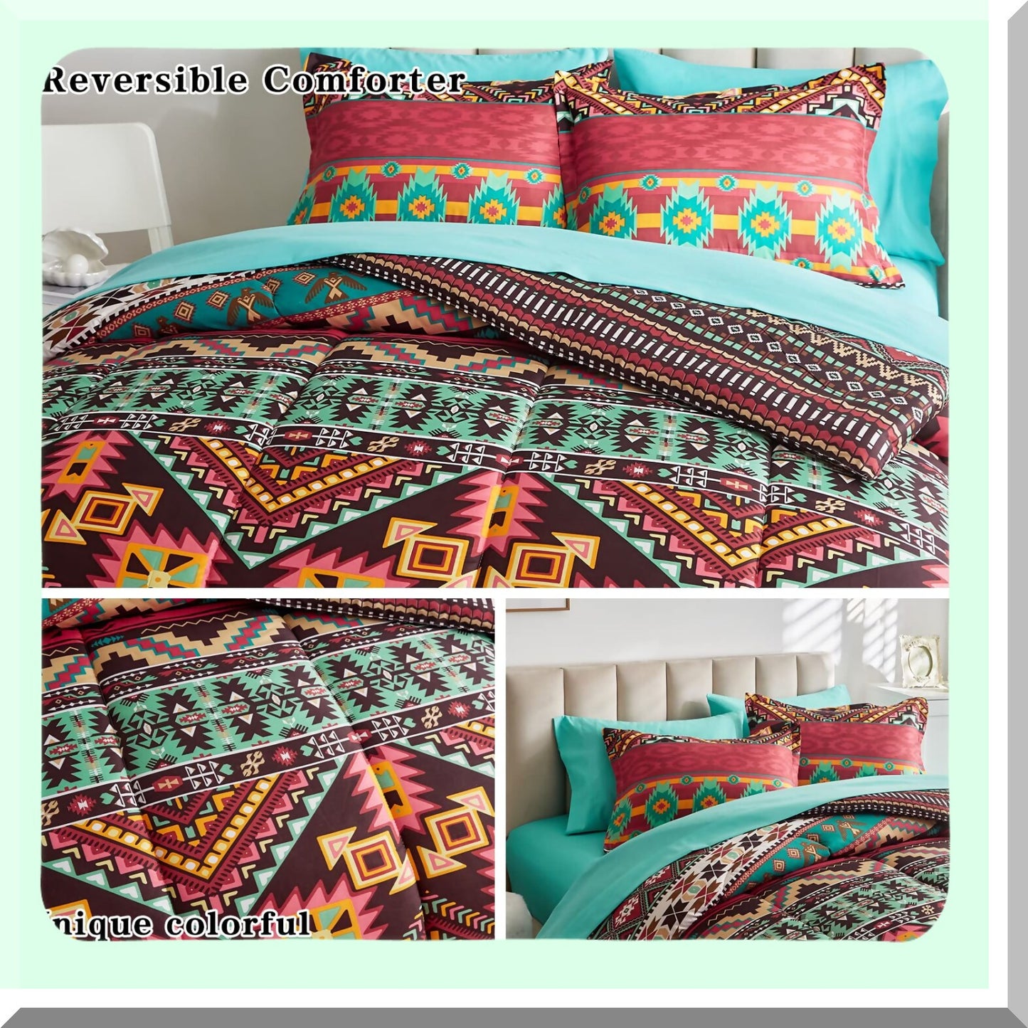 Colorful Boho Dream 7-Piece Bedding Set - Bohemian Tribal Comforter with Teal Sheets - All Season Bed in a Bag - 1 Comforter, 1 Flat Sheet, 1 Fitted Sheet, 2 Pillow Shams, 2 Pillowcases