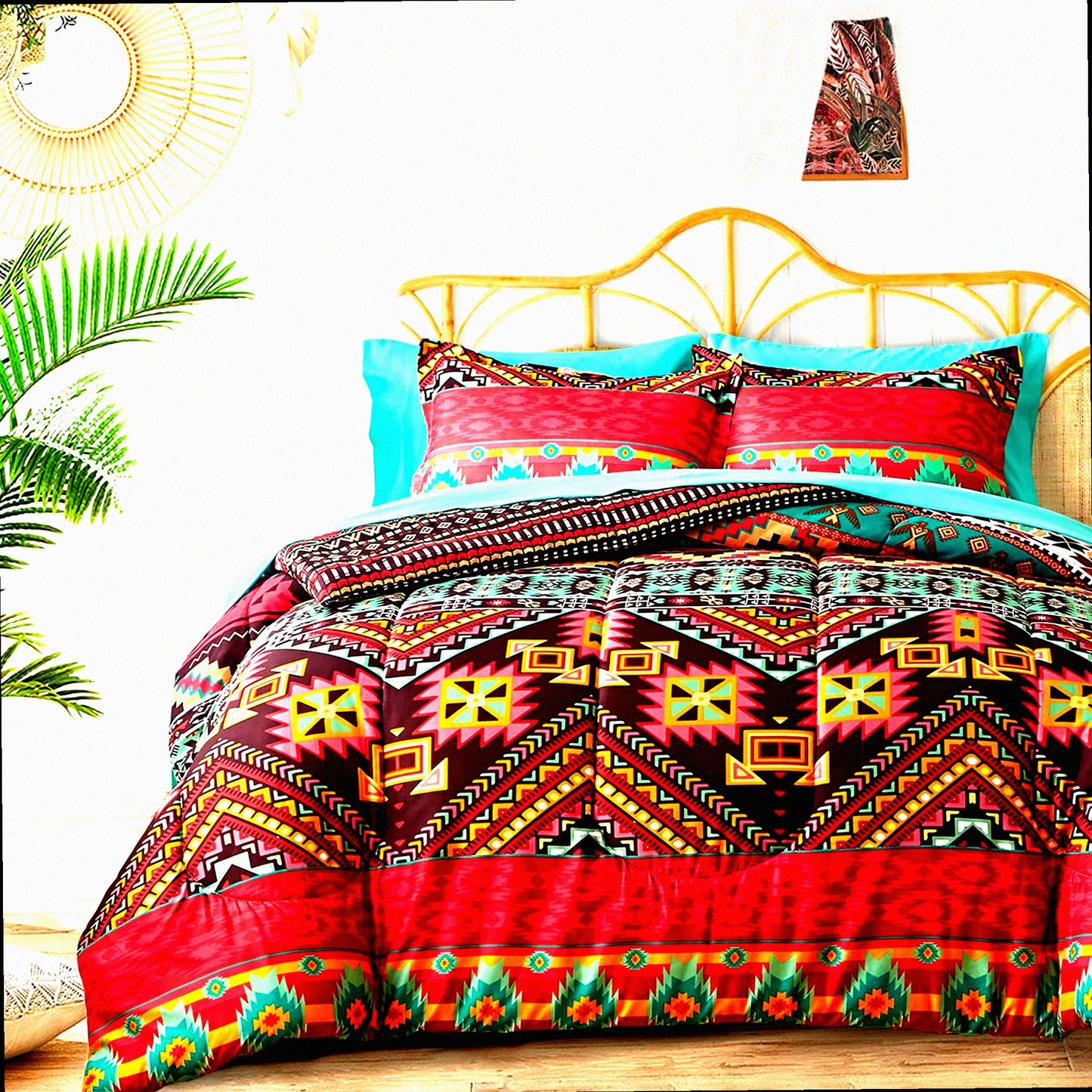 Colorful Boho Dream 7-Piece Bedding Set - Bohemian Tribal Comforter with Teal Sheets - All Season Bed in a Bag - 1 Comforter, 1 Flat Sheet, 1 Fitted Sheet, 2 Pillow Shams, 2 Pillowcases