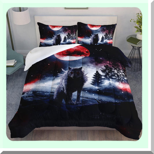 Wild Wolf Moonlight Comforter Set - Twin Size 3-Piece Duvet Set with Evening Snowfield Red Moon Design, Outdoors Animal Print Bedding Set with Quilt and Pillowcases