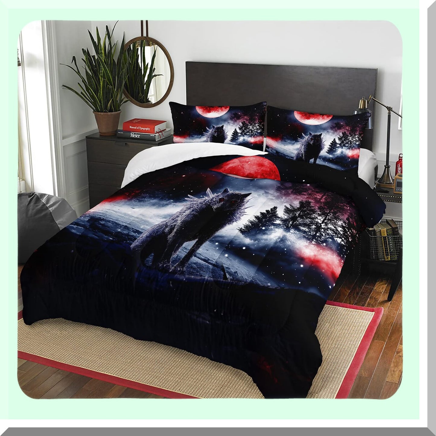 Wild Wolf Moonlight Comforter Set - Twin Size 3-Piece Duvet Set with Evening Snowfield Red Moon Design, Outdoors Animal Print Bedding Set with Quilt and Pillowcases