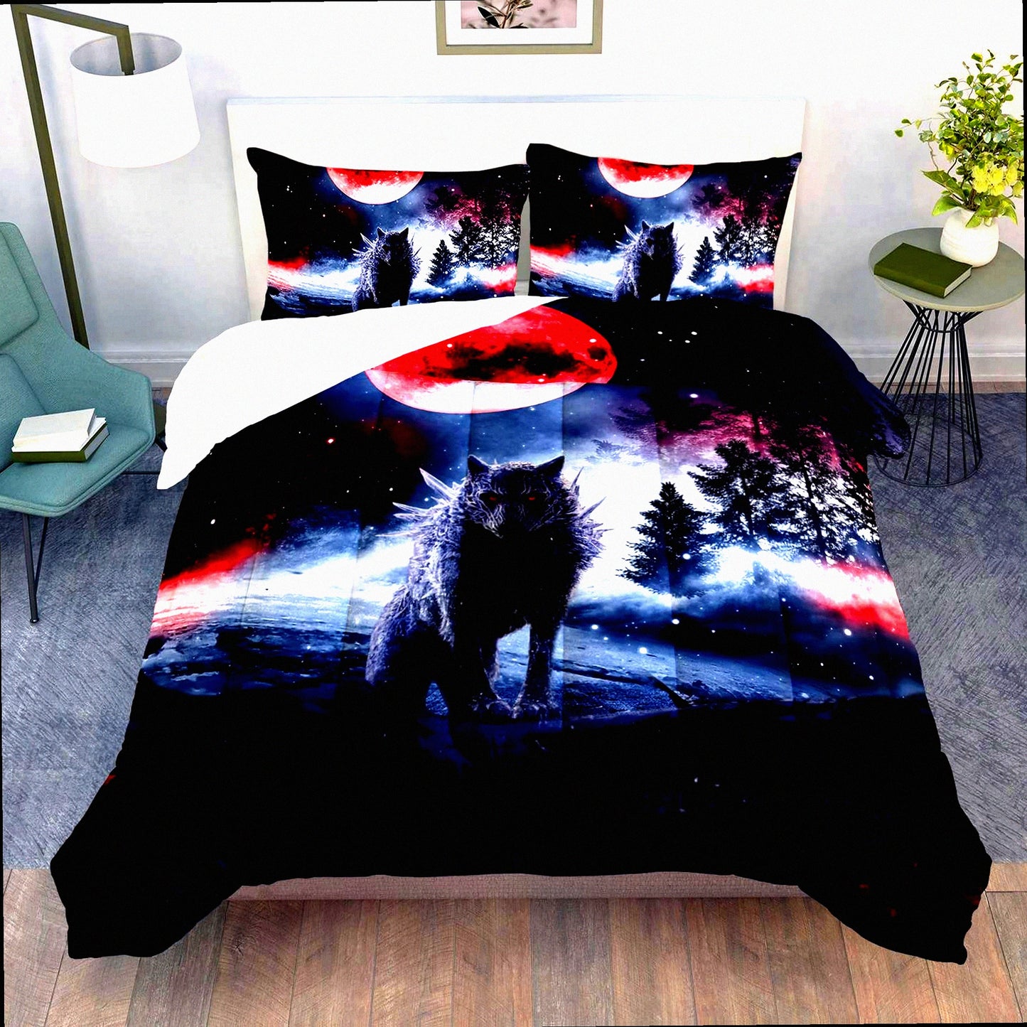 Wild Wolf Moonlight Comforter Set - Twin Size 3-Piece Duvet Set with Evening Snowfield Red Moon Design, Outdoors Animal Print Bedding Set with Quilt and Pillowcases