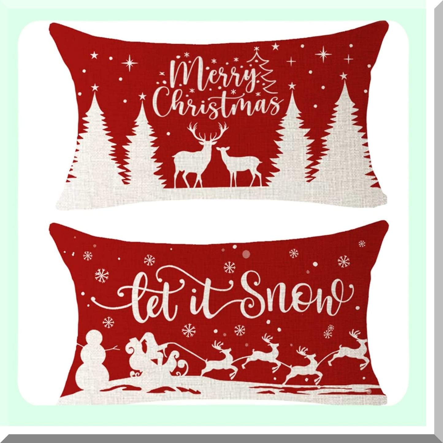 Winter Wonderland Snowflake Deer Lumbar Pillow Cover - Farmhouse Decor Cushion Case for Sofa - Let It Snow Pine Tree Sled Blessed Gift Set (Red, 12x20 Inches)