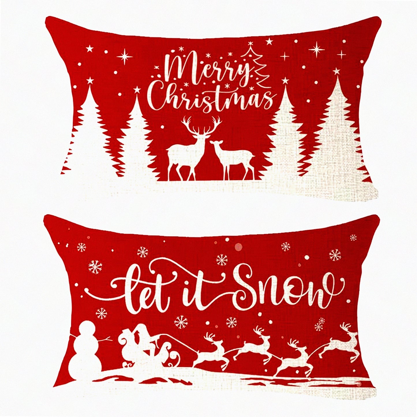 Winter Wonderland Snowflake Deer Lumbar Pillow Cover - Farmhouse Decor Cushion Case for Sofa - Let It Snow Pine Tree Sled Blessed Gift Set (Red, 12x20 Inches)