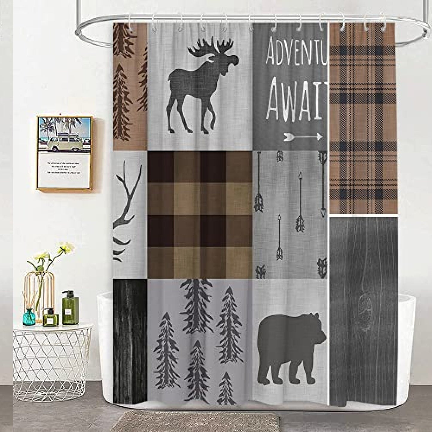 Retro Rustic Cabin Shower Curtain Brown Grey Buffalo Plaid