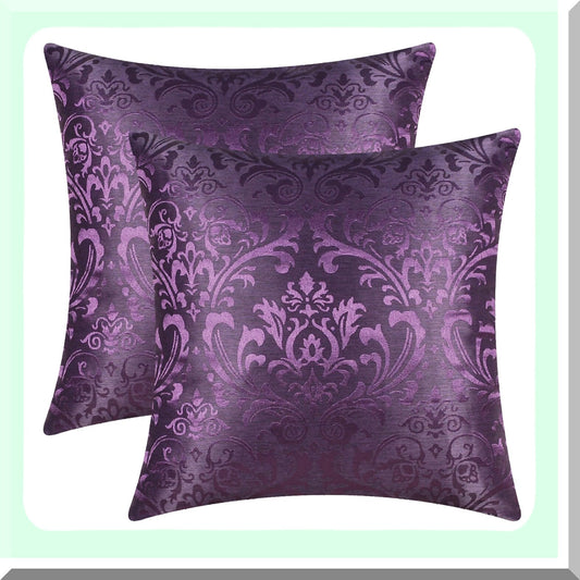 Vintage Damask Floral Throw Pillow Covers - Set of 2 | Shining Dull Contrast Couch Sofa Home Decor Cases | 18x18 Inches Deep Purple Accent Pillows