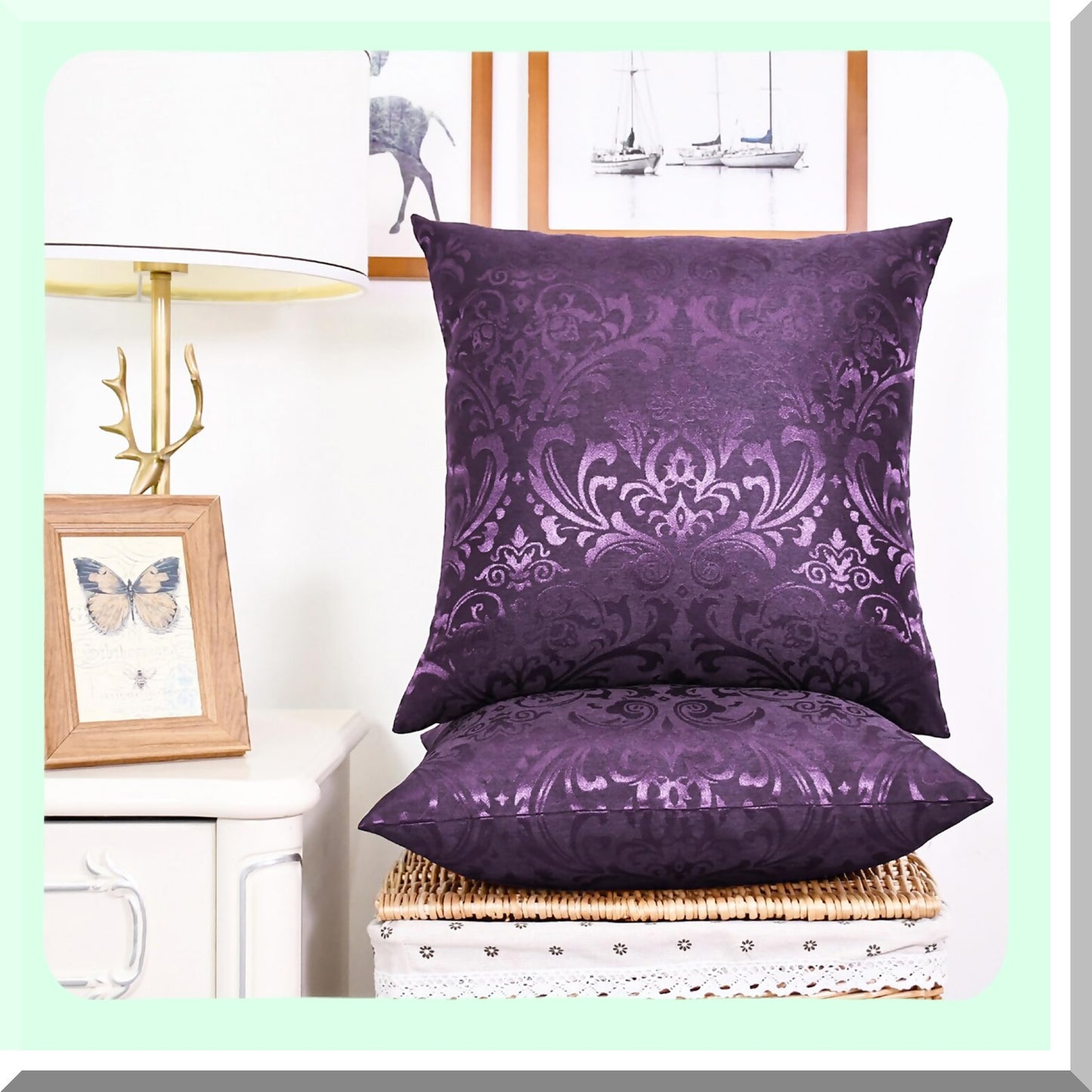Vintage Damask Floral Throw Pillow Covers - Set of 2 | Shining Dull Contrast Couch Sofa Home Decor Cases | 18x18 Inches Deep Purple Accent Pillows