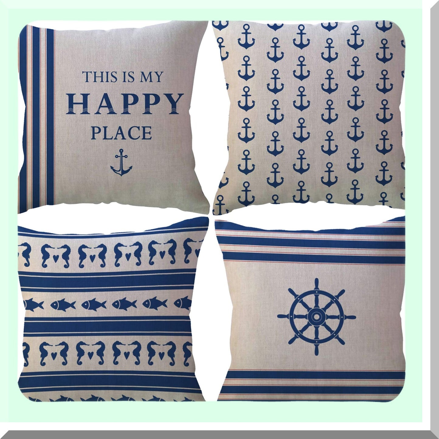Nautical Navy Blue Beach House Pillow Covers - Set of 4 Decorative Throw Pillowcases for Sofa Bed Couch - Sailing Decor 18x18