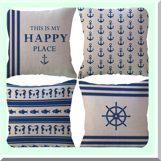 Nautical Navy Blue Beach House Pillow Covers - Set of 4 Decorative Throw Pillowcases for Sofa Bed Couch - Sailing Decor 18x18