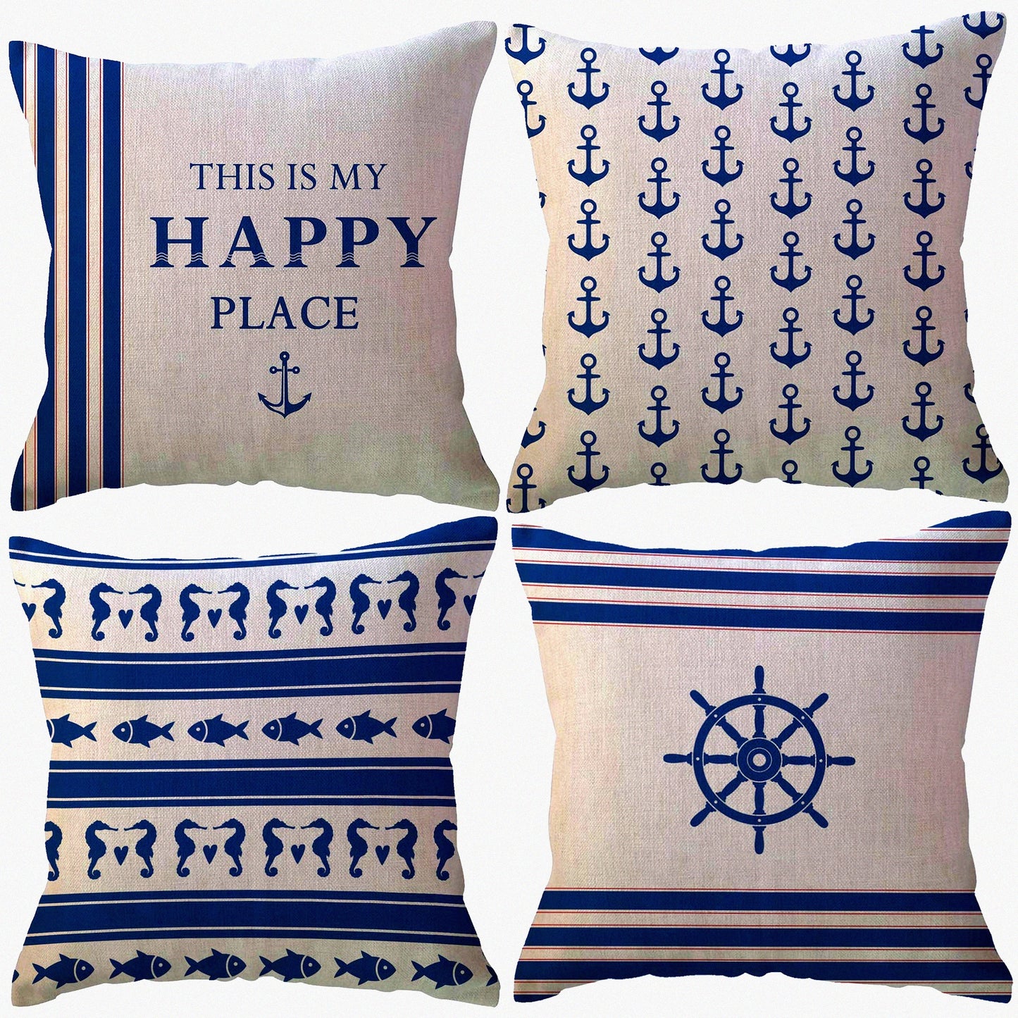 Nautical Navy Blue Beach House Pillow Covers - Set of 4 Decorative Throw Pillowcases for Sofa Bed Couch - Sailing Decor 18x18