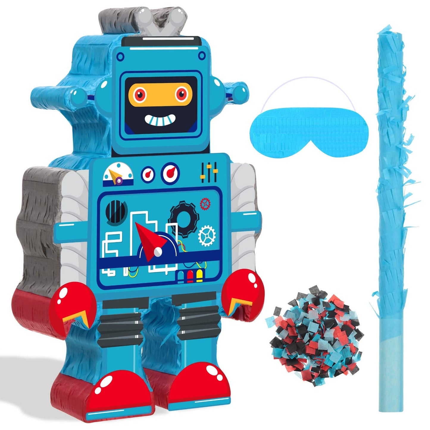 Robot Party Pinata Set - Red Blue Stick Tel & Confetti Double Tel - Boys Girls Birthday Baby Shower Theme Decoration - 16.1 x 10.2 x 3.2 Inch