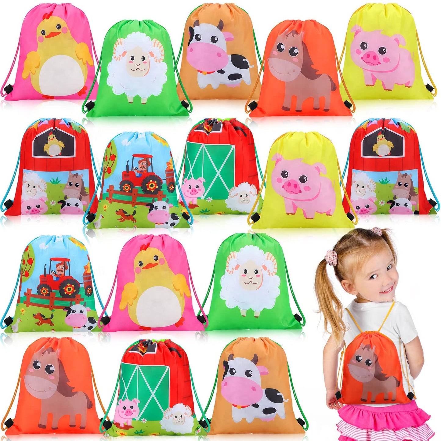 Farm Fun Drawstring Goody Bags - 16 Pack Birthday Party Favor Gift Bags for Kids. Themed String Backpack Pouches for Girls and Boys.