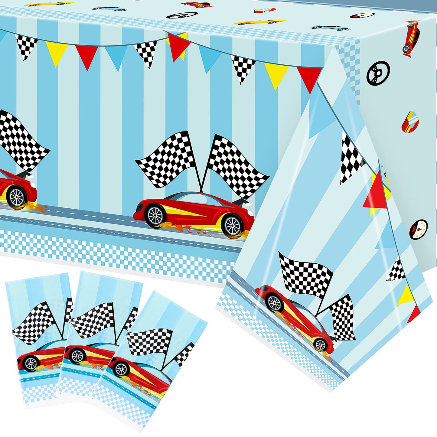 Checkered Flag Racing Car Table Covers - Set of 3 | Disposable Plastic Tablecloth for Boys Birthday Party, Baby Shower Decorations | 54X108inch Rectangular
