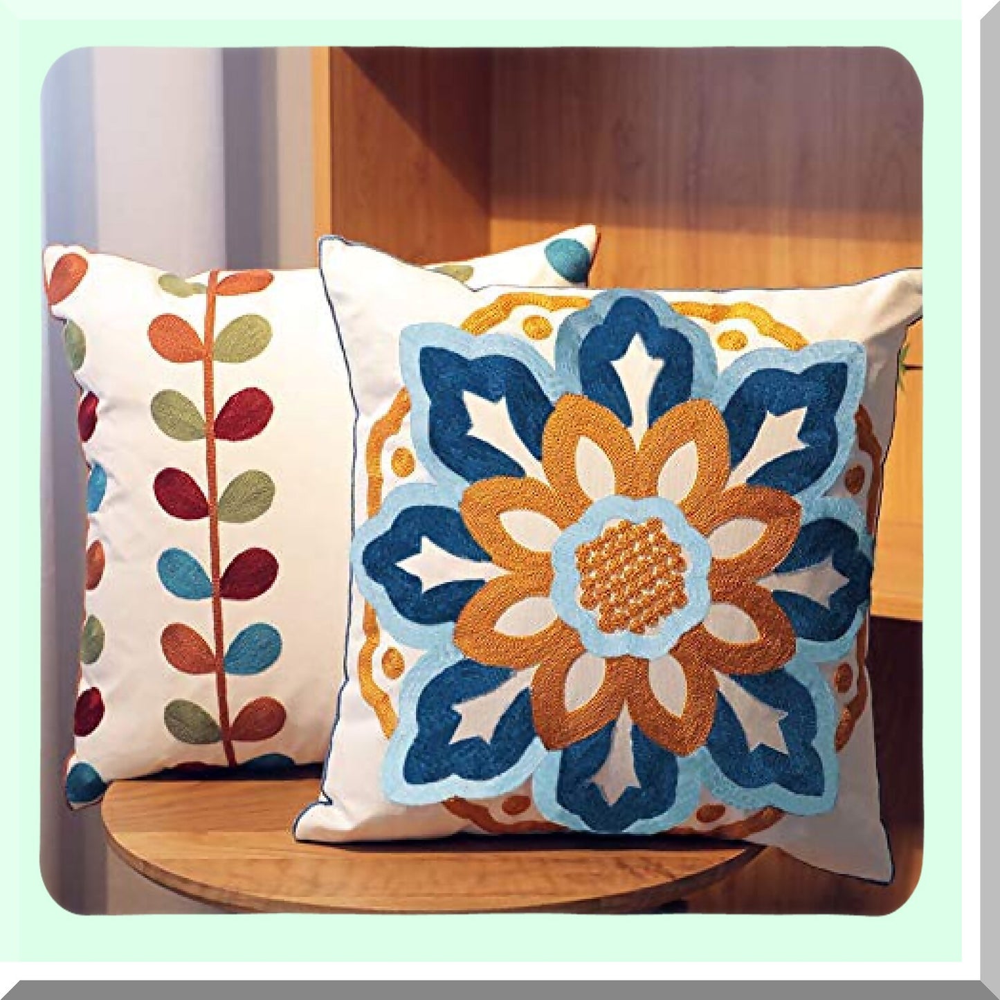 Sunflower Boho Embroidery Pillow Set - Decorative Square Cushion Covers for Sofa Couch Bed Bench - Modern Floral Pattern Throw Pillows - 18x18 inch Living Room Decor