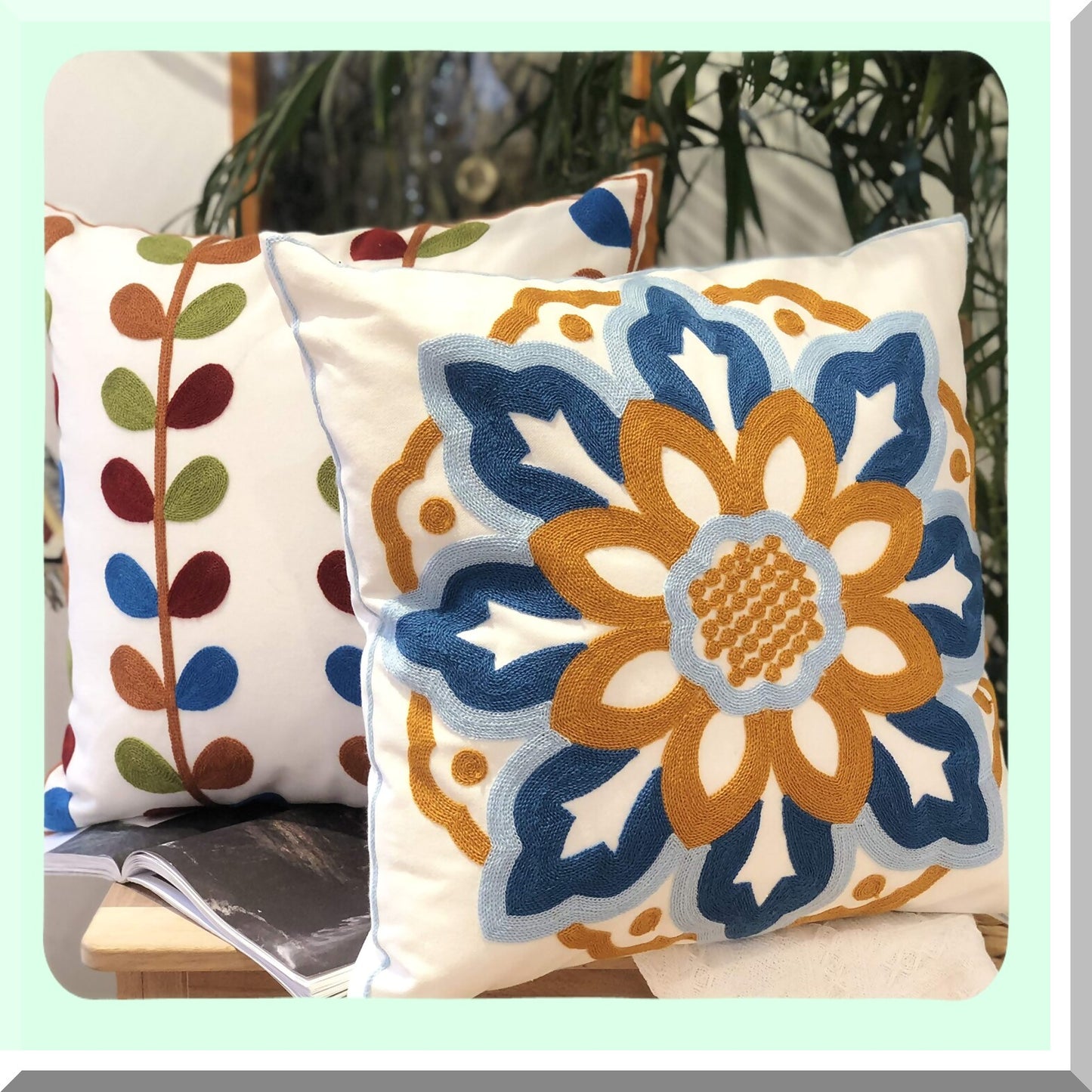 Sunflower Boho Embroidery Pillow Set - Decorative Square Cushion Covers for Sofa Couch Bed Bench - Modern Floral Pattern Throw Pillows - 18x18 inch Living Room Decor