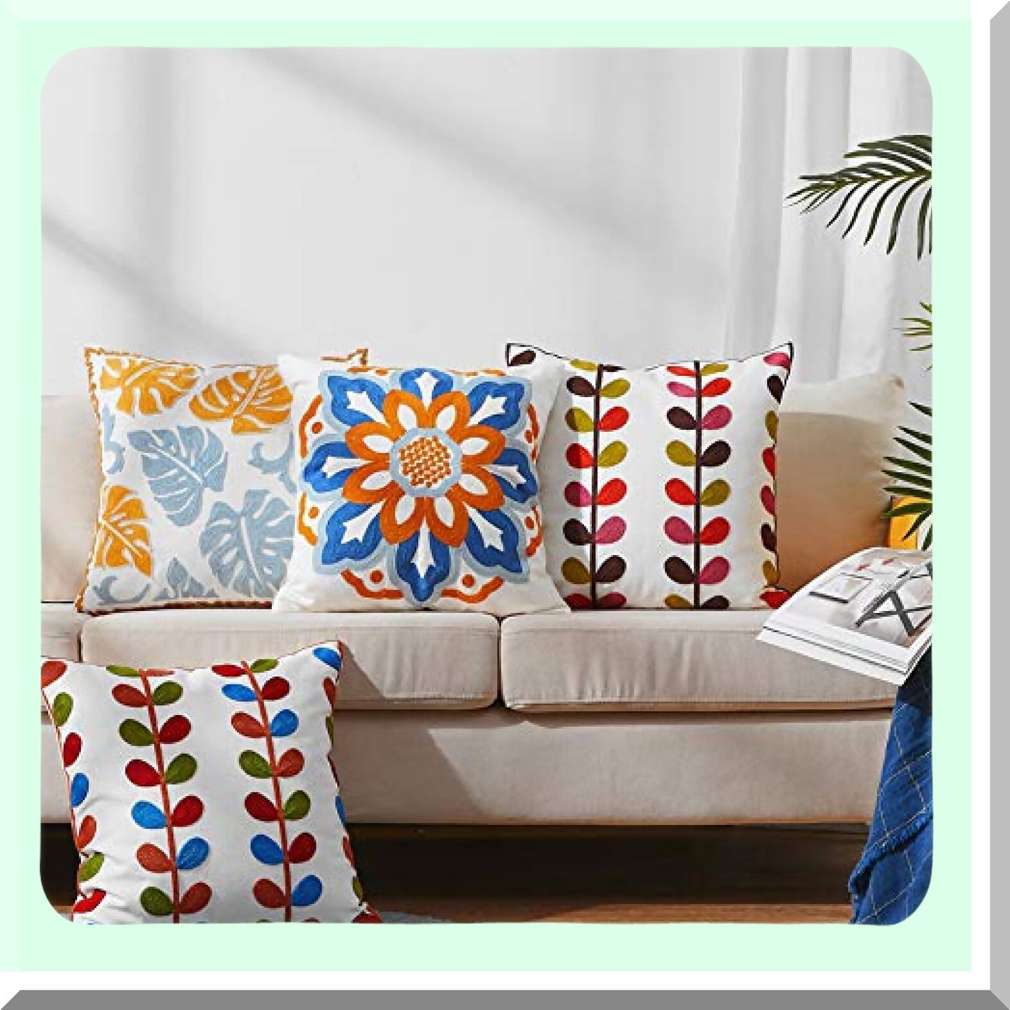 Sunflower Boho Embroidery Pillow Set - Decorative Square Cushion Covers for Sofa Couch Bed Bench - Modern Floral Pattern Throw Pillows - 18x18 inch Living Room Decor