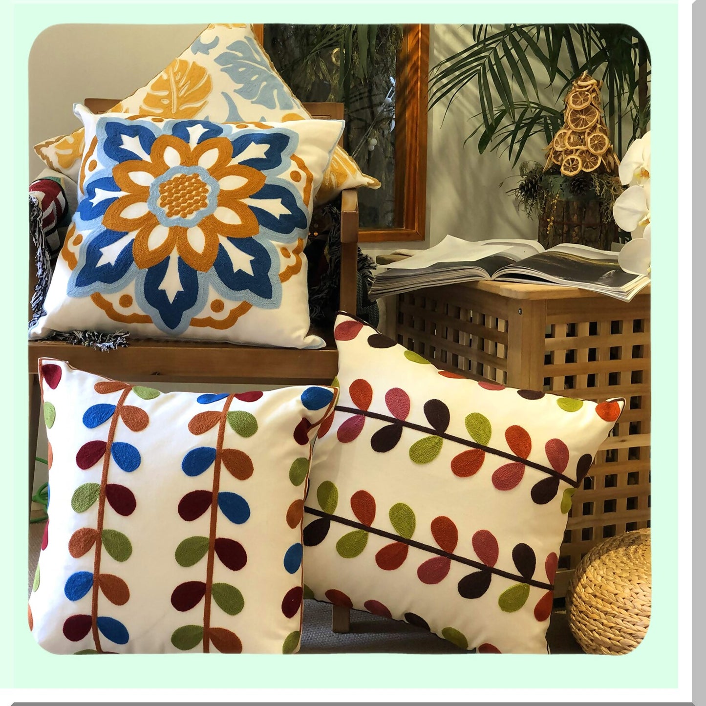 Sunflower Boho Embroidery Pillow Set - Decorative Square Cushion Covers for Sofa Couch Bed Bench - Modern Floral Pattern Throw Pillows - 18x18 inch Living Room Decor