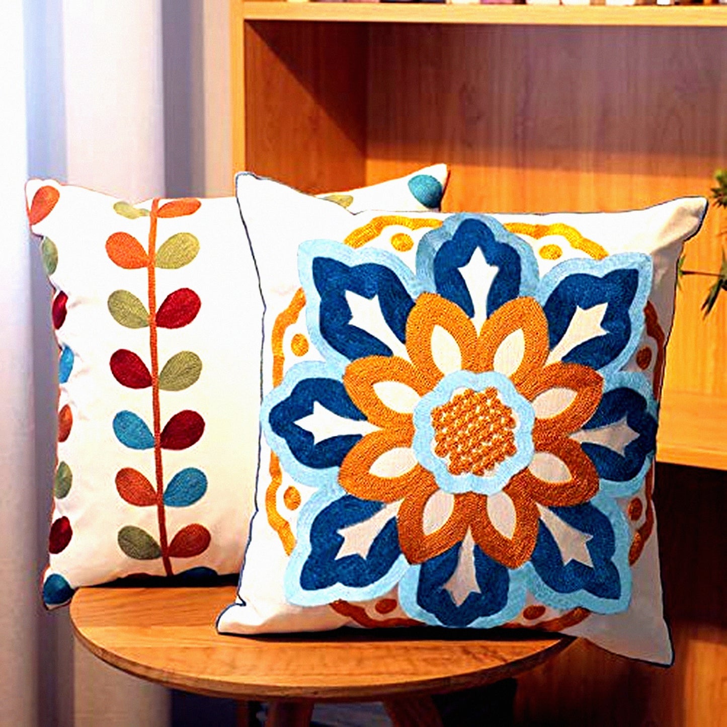 Sunflower Boho Embroidery Pillow Set - Decorative Square Cushion Covers for Sofa Couch Bed Bench - Modern Floral Pattern Throw Pillows - 18x18 inch Living Room Decor