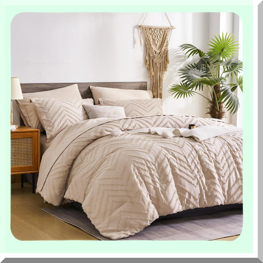 Boho Chic Chevron Comforter Set - 7 Piece Bed in a Bag with Sheets, Tufted Design, Soft Microfiber, All Season Farmhouse Bedding - Khaki Queen 90x90