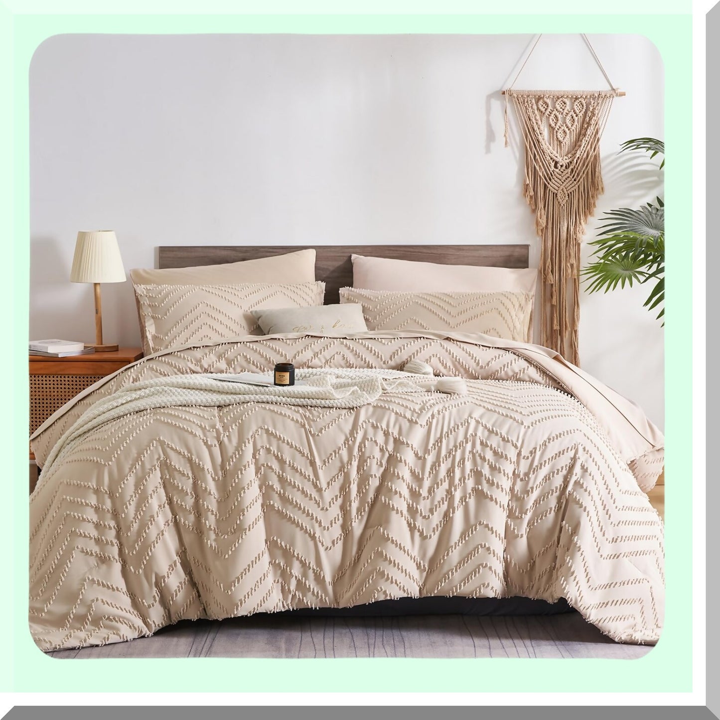 Boho Chic Chevron Comforter Set - 7 Piece Bed in a Bag with Sheets, Tufted Design, Soft Microfiber, All Season Farmhouse Bedding - Khaki Queen 90x90