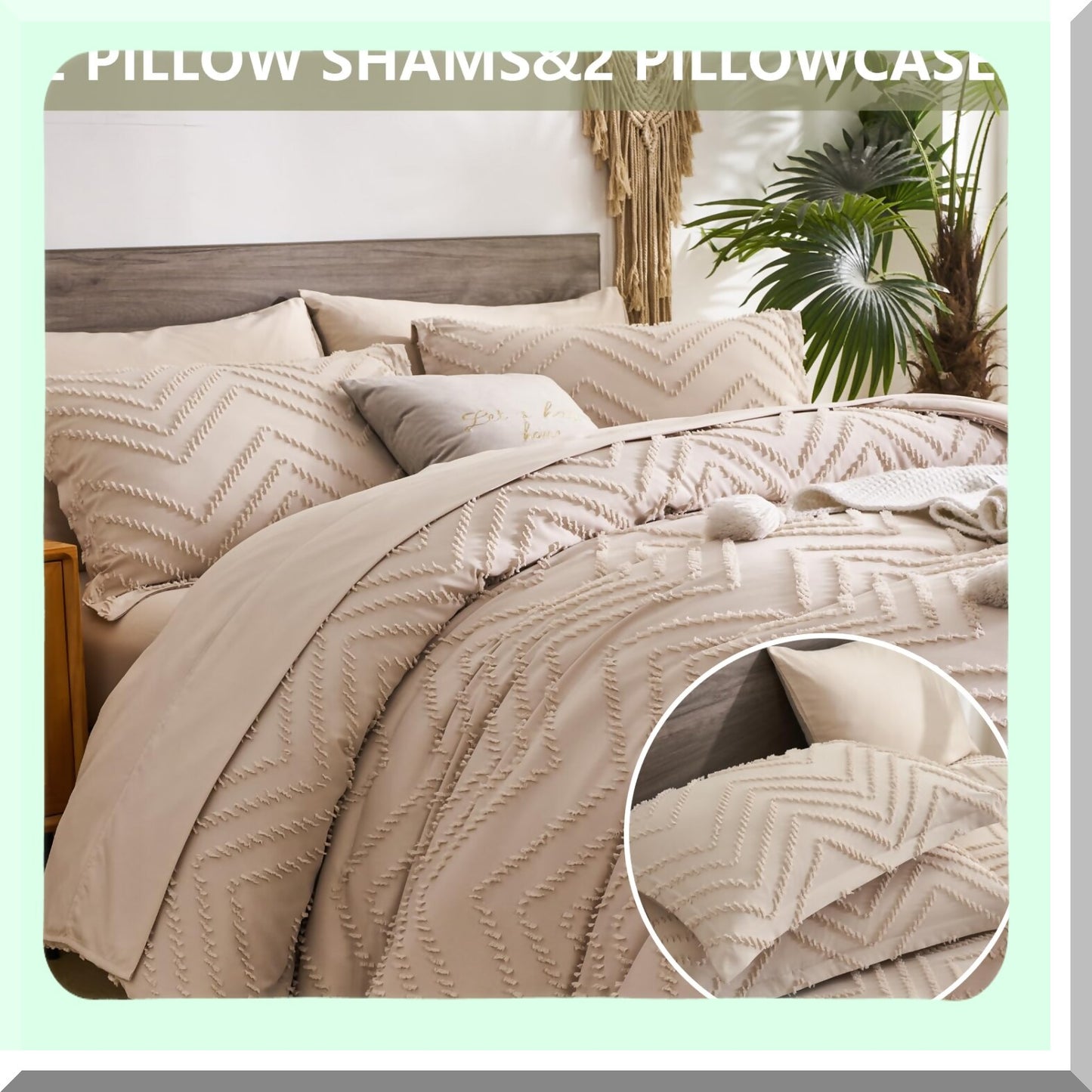 Boho Chic Chevron Comforter Set - 7 Piece Bed in a Bag with Sheets, Tufted Design, Soft Microfiber, All Season Farmhouse Bedding - Khaki Queen 90x90