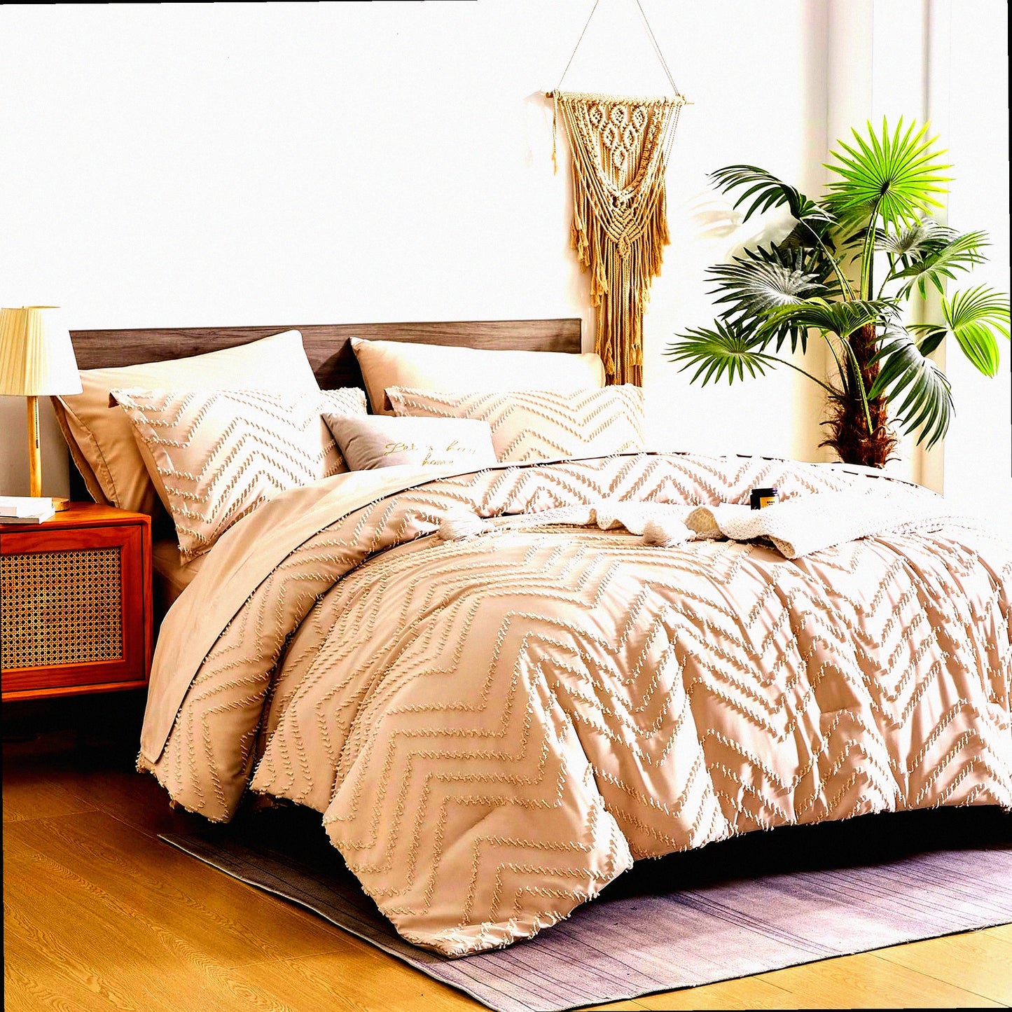Boho Chic Chevron Comforter Set - 7 Piece Bed in a Bag with Sheets, Tufted Design, Soft Microfiber, All Season Farmhouse Bedding - Khaki Queen 90x90