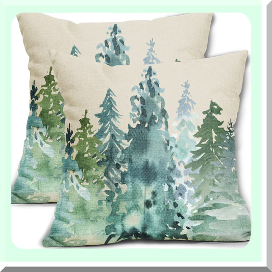 Nature's Tranquil Forest Pillow Covers - Set of 2 Watercolor Blue Green Tree Rustic Style Decorative Throw Pillows. Perfect Winter Square Linen Cushion Case for Home Sofa, Couch, Bed, Outdoor Décor.