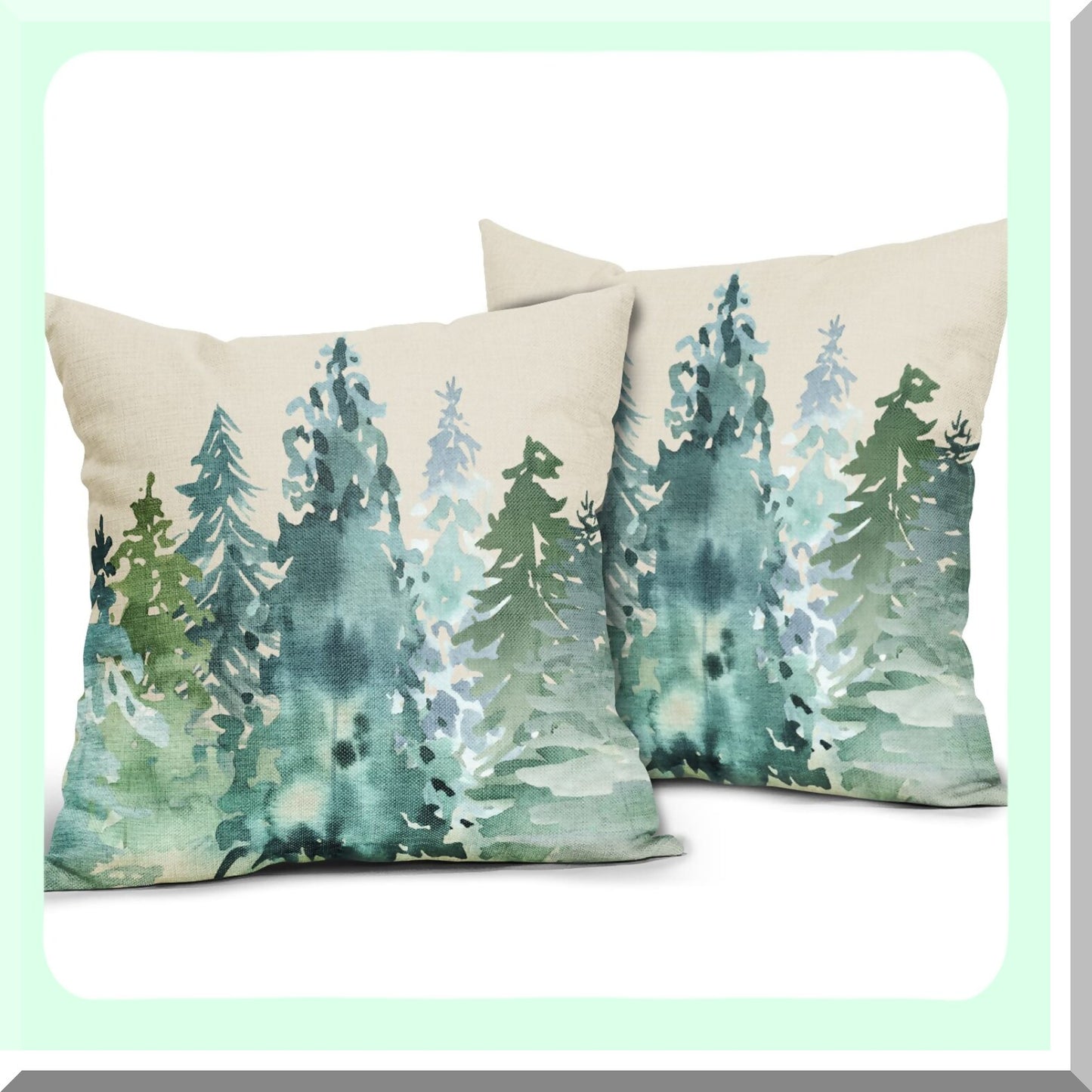 Nature's Tranquil Forest Pillow Covers - Set of 2 Watercolor Blue Green Tree Rustic Style Decorative Throw Pillows. Perfect Winter Square Linen Cushion Case for Home Sofa, Couch, Bed, Outdoor Décor.