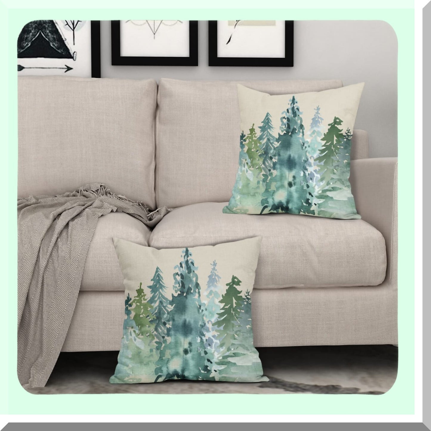 Nature's Tranquil Forest Pillow Covers - Set of 2 Watercolor Blue Green Tree Rustic Style Decorative Throw Pillows. Perfect Winter Square Linen Cushion Case for Home Sofa, Couch, Bed, Outdoor Décor.