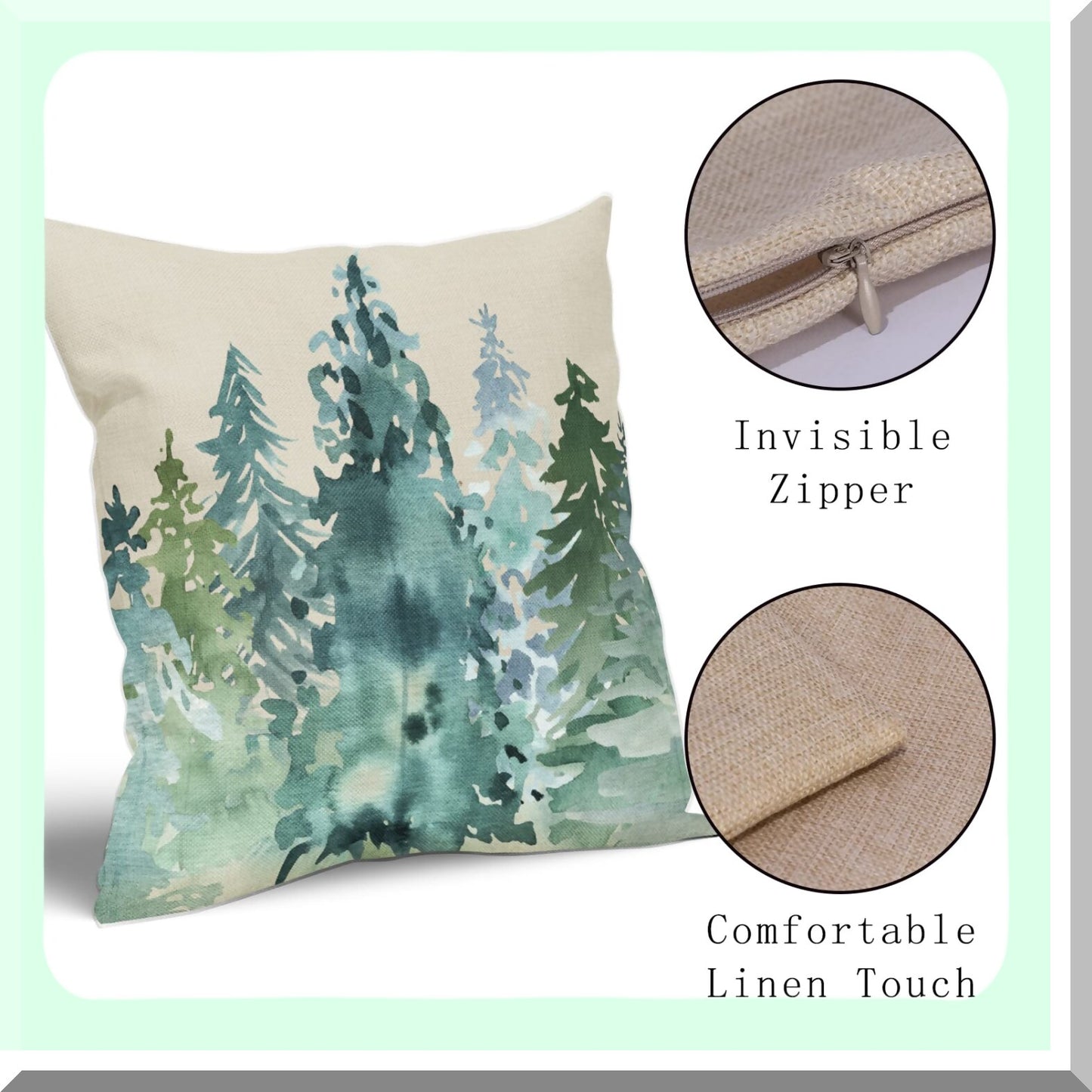 Nature's Tranquil Forest Pillow Covers - Set of 2 Watercolor Blue Green Tree Rustic Style Decorative Throw Pillows. Perfect Winter Square Linen Cushion Case for Home Sofa, Couch, Bed, Outdoor Décor.