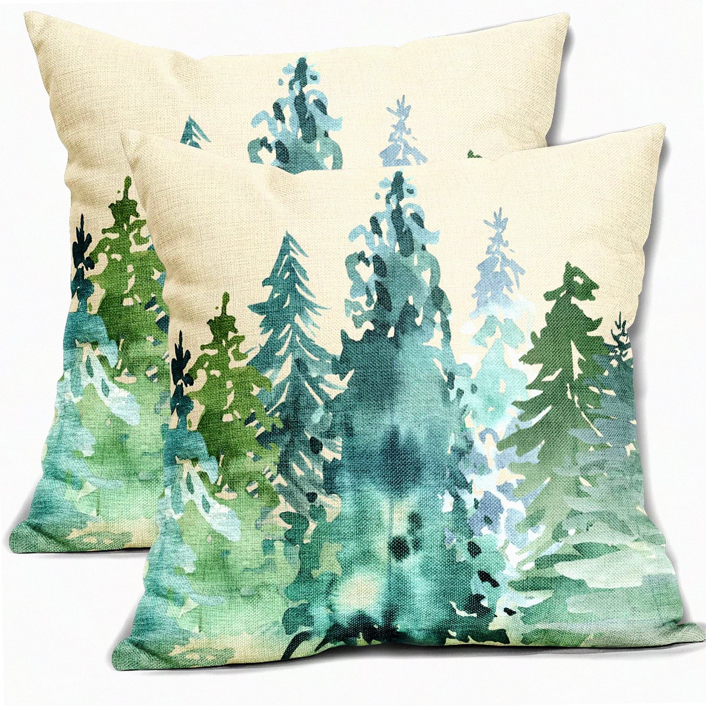 Nature's Tranquil Forest Pillow Covers - Set of 2 Watercolor Blue Green Tree Rustic Style Decorative Throw Pillows. Perfect Winter Square Linen Cushion Case for Home Sofa, Couch, Bed, Outdoor Décor.