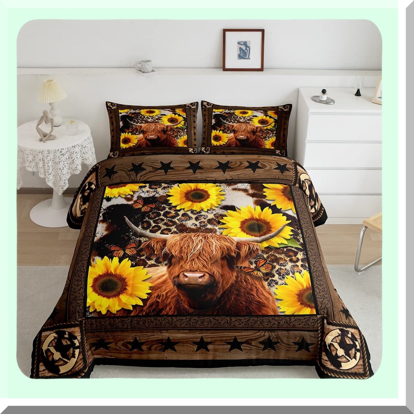 Sunflower Highland Cow Comforter Set - Abstract Leopard Stars Rustic Bedding with Colorful Duvet Insert & 2 Pillowcases for Kids, Boys, Girls, Adults. Perfect Xmas Decor!