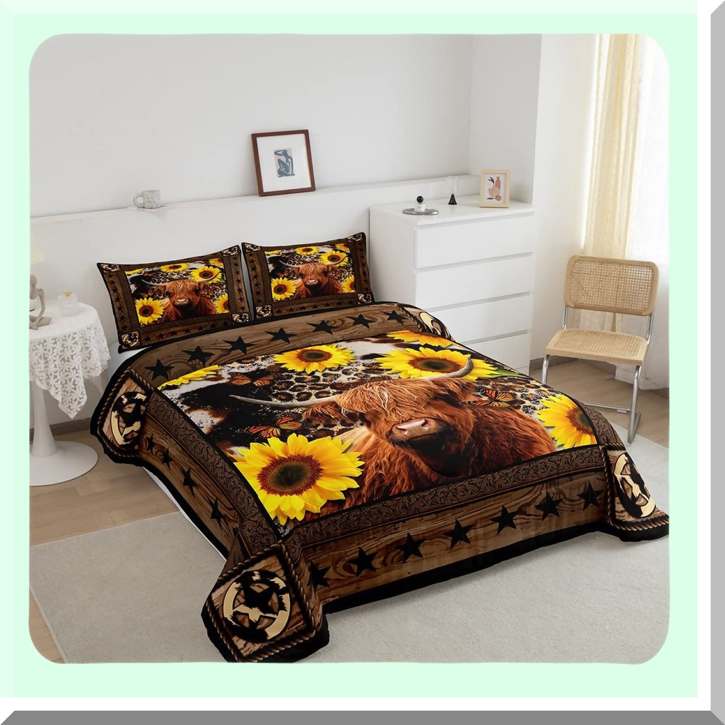 Sunflower Highland Cow Comforter Set - Abstract Leopard Stars Rustic Bedding with Colorful Duvet Insert & 2 Pillowcases for Kids, Boys, Girls, Adults. Perfect Xmas Decor!