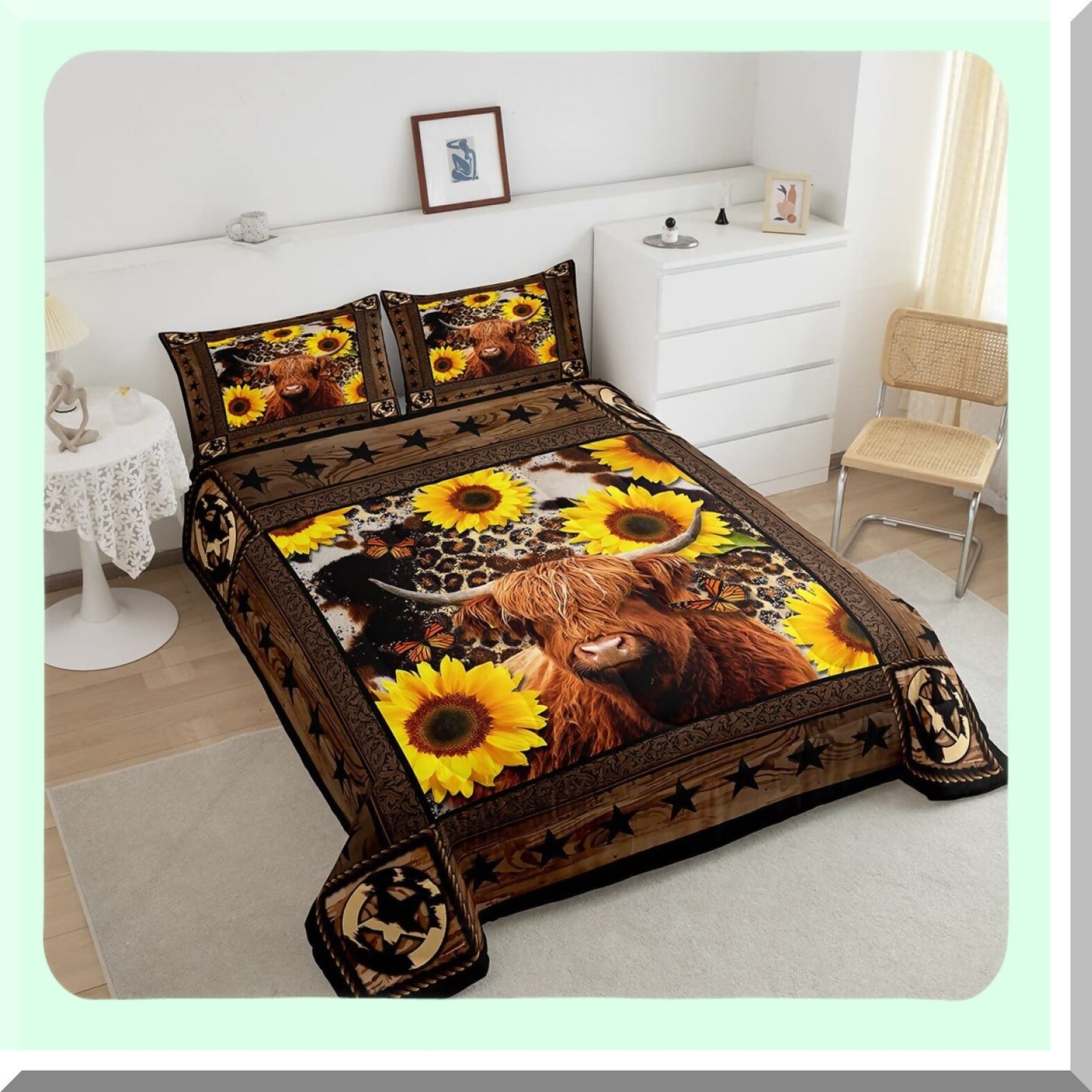 Sunflower Highland Cow Comforter Set - Abstract Leopard Stars Rustic Bedding with Colorful Duvet Insert & 2 Pillowcases for Kids, Boys, Girls, Adults. Perfect Xmas Decor!