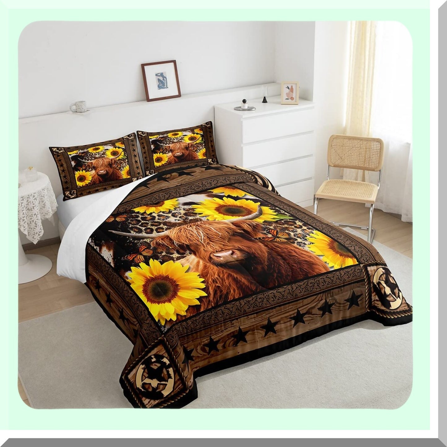 Sunflower Highland Cow Comforter Set - Abstract Leopard Stars Rustic Bedding with Colorful Duvet Insert & 2 Pillowcases for Kids, Boys, Girls, Adults. Perfect Xmas Decor!
