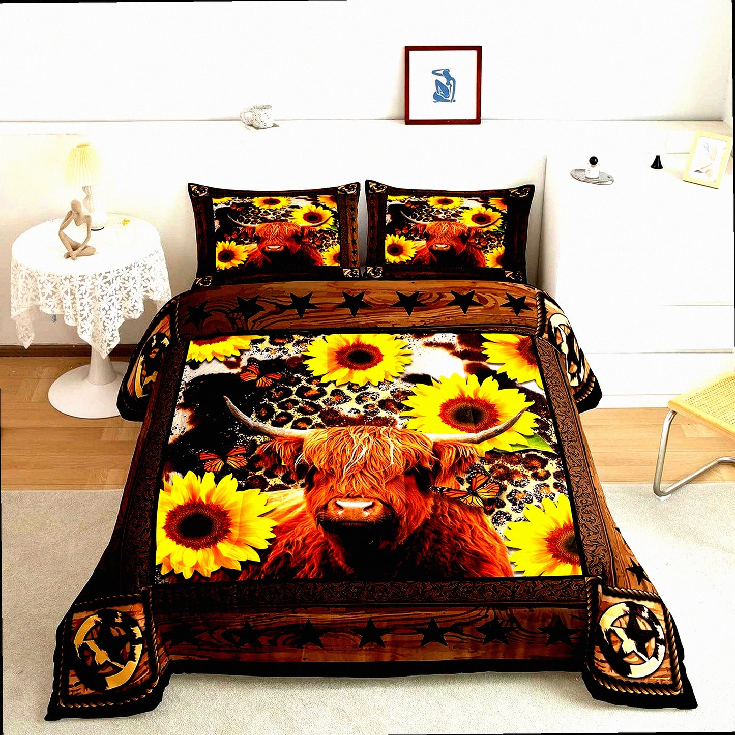 Sunflower Highland Cow Comforter Set - Abstract Leopard Stars Rustic Bedding with Colorful Duvet Insert & 2 Pillowcases for Kids, Boys, Girls, Adults. Perfect Xmas Decor!