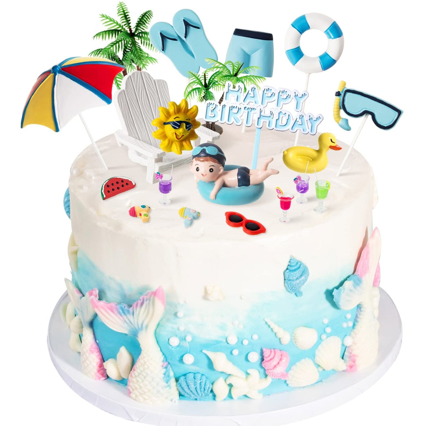 Summer Fun Pool Party Cake Topper Set - Includes 21 Pieces of Beach-Themed Decorations: Coconut Trees, Lounge Chairs, Umbrellas, Watermelons, and Suns. Perfect for Pool Parties and Beach Summer Celebrations!