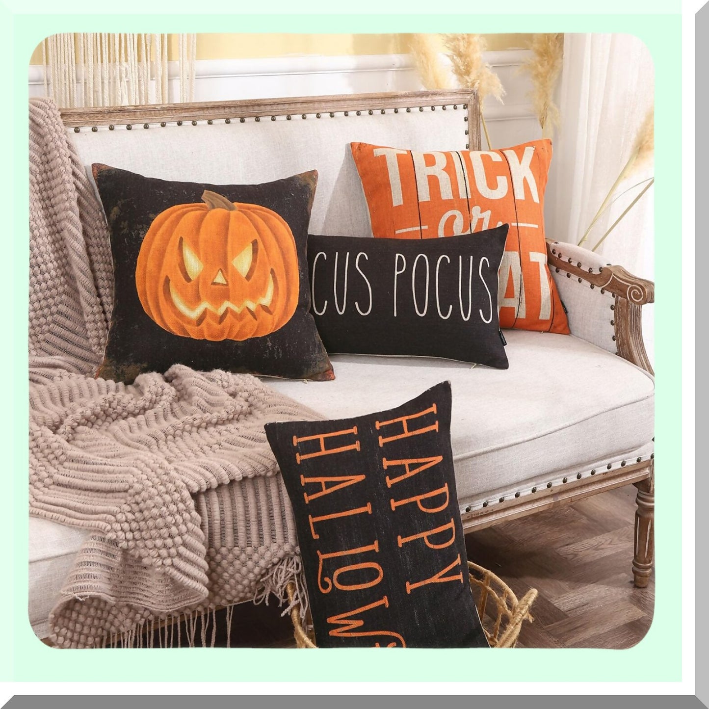 Halloween Square Linen Pillow Cover - Pumpkin Ghost Cushion Case for Couch Sofa Decorations - 18X18 PL1091TR