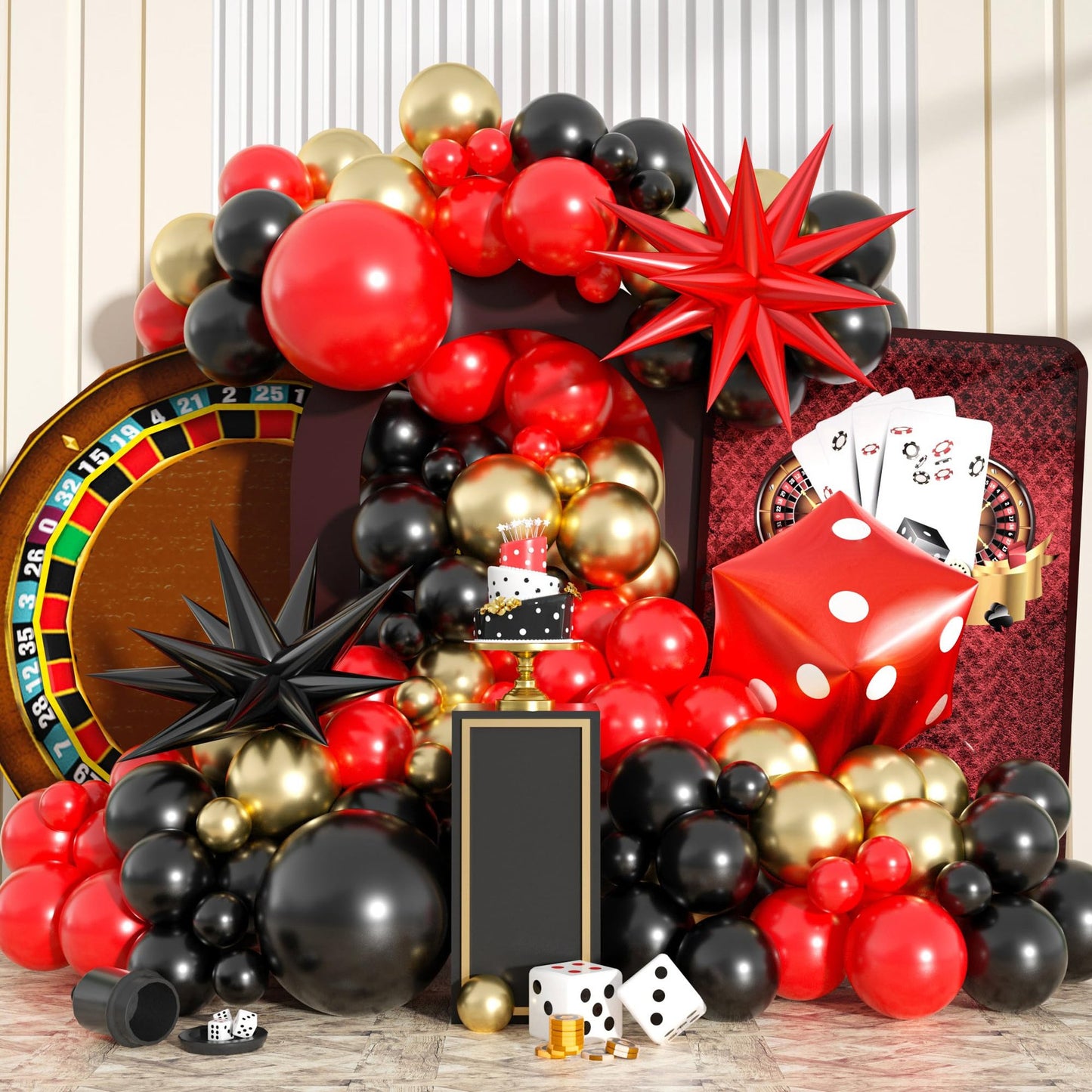 Red Black Gold Casino Balloon Arch for Party Decorations