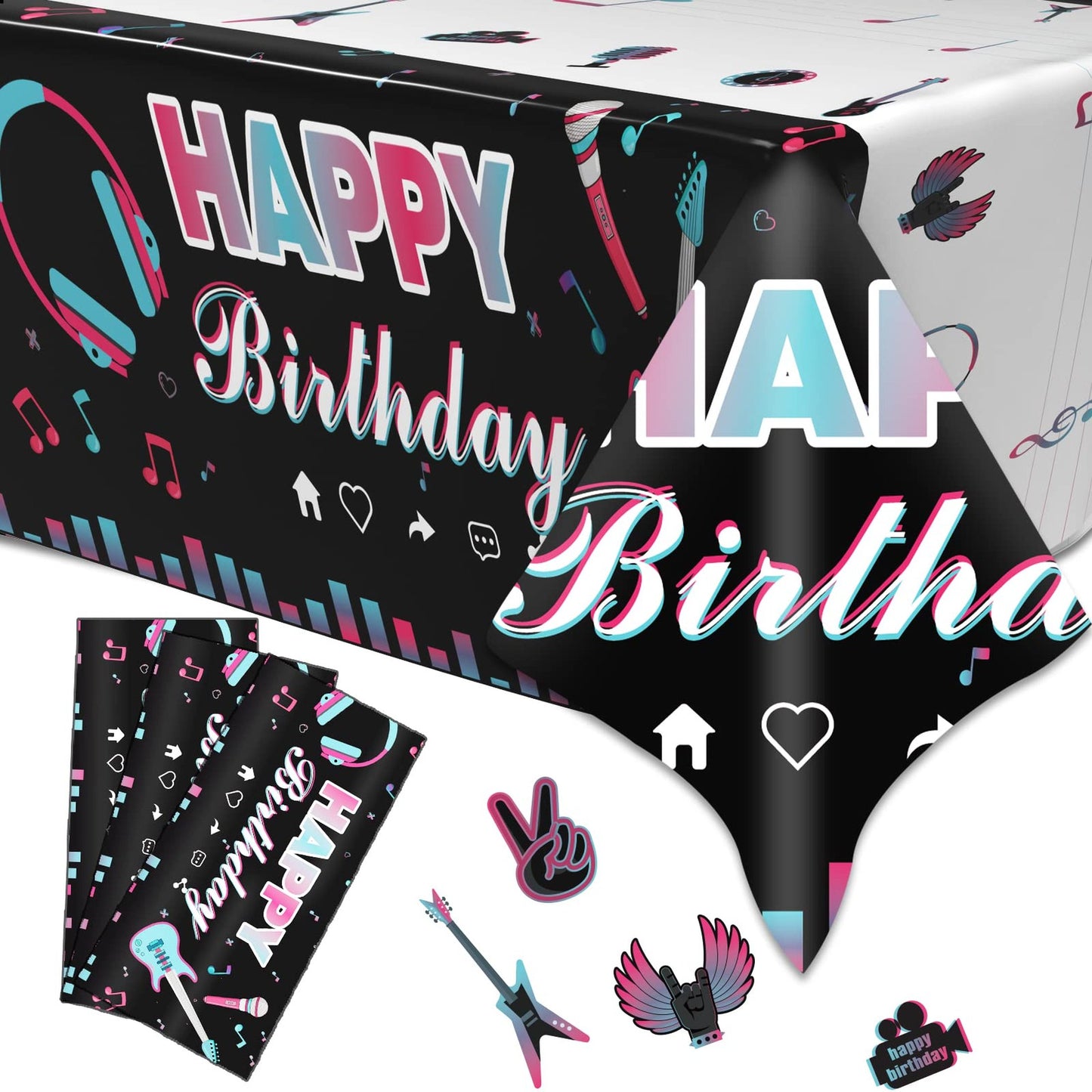 Musical Notes Party Tablecloth Set - 3 Pcs Disposable Plastic Cover for Music Theme Birthday Parties, Tik Tok Events, and Decorations - 86 x 51 Inches
