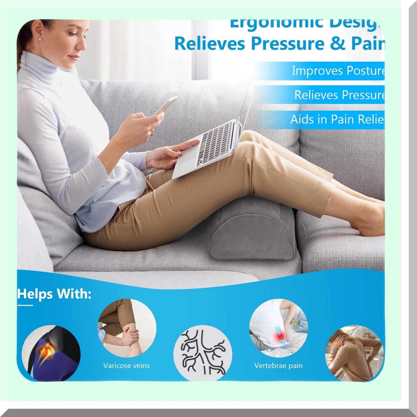 ElevateEase Leg Support Pillow - Inflatable Half Moon Bolster for Back, Legs, Knees - Sleeping Aid for Side and Back Sleepers - Ankle and Knee Elevation Solution