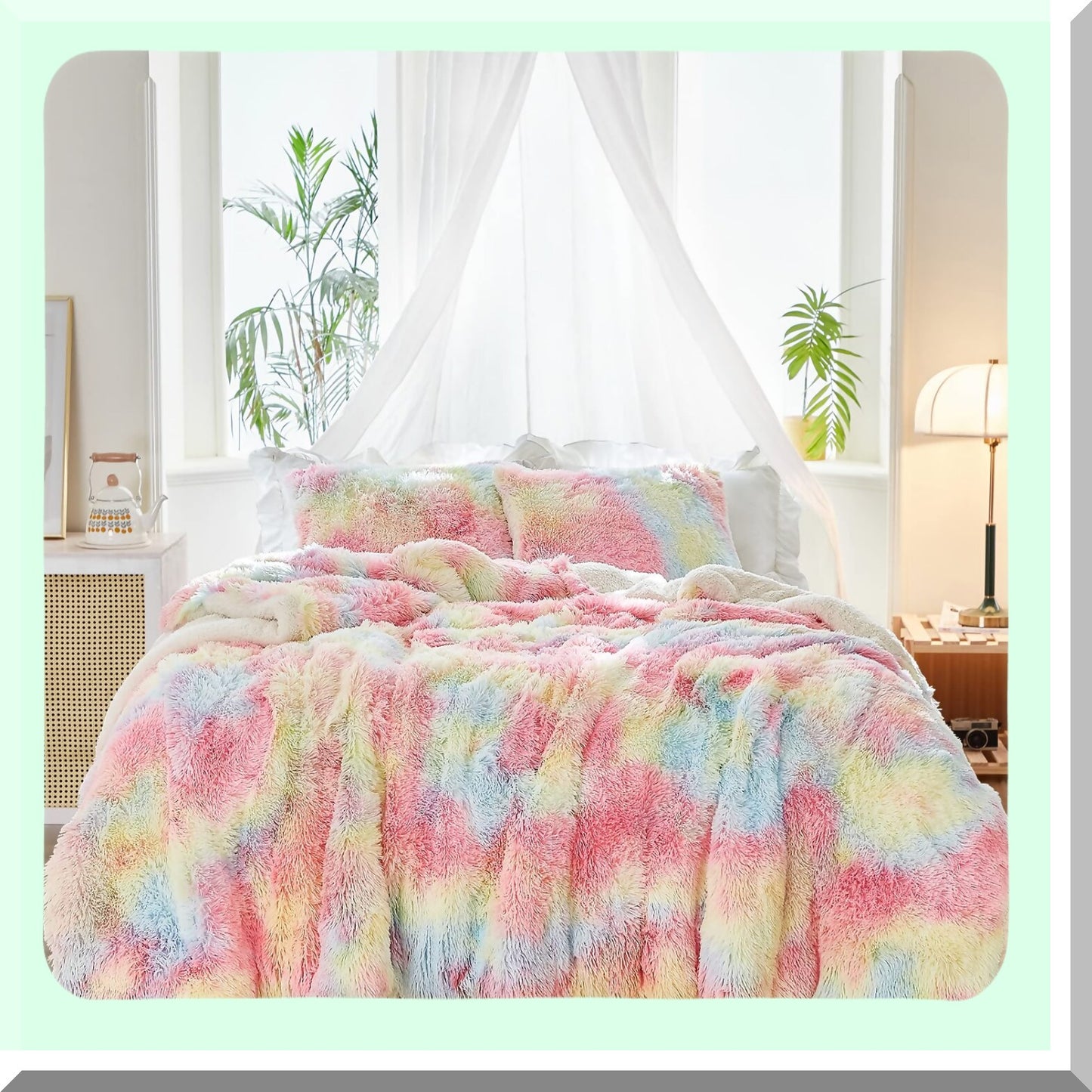 Luxury Rainbow Sherpa Comforter Set - Plush Shaggy Bedding for Winter - Ultra Cozy Fluffy 3-Piece Bed Set - Size 100x88 inches - Warm Reversible