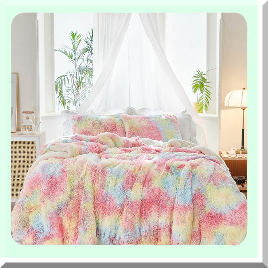 Luxury Rainbow Sherpa Comforter Set - Plush Shaggy Bedding for Winter - Ultra Cozy Fluffy 3-Piece Bed Set - Size 100x88 inches - Warm Reversible