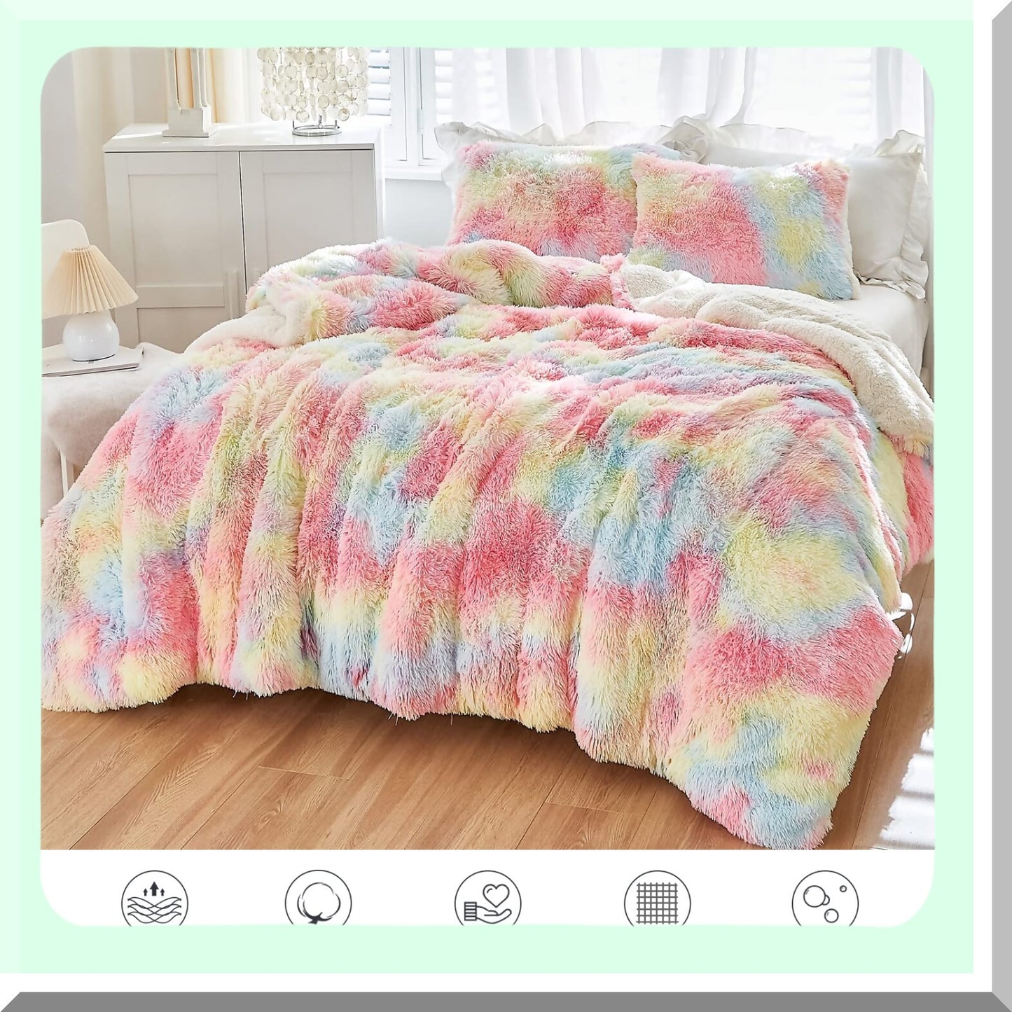 Luxury Rainbow Sherpa Comforter Set - Plush Shaggy Bedding for Winter - Ultra Cozy Fluffy 3-Piece Bed Set - Size 100x88 inches - Warm Reversible