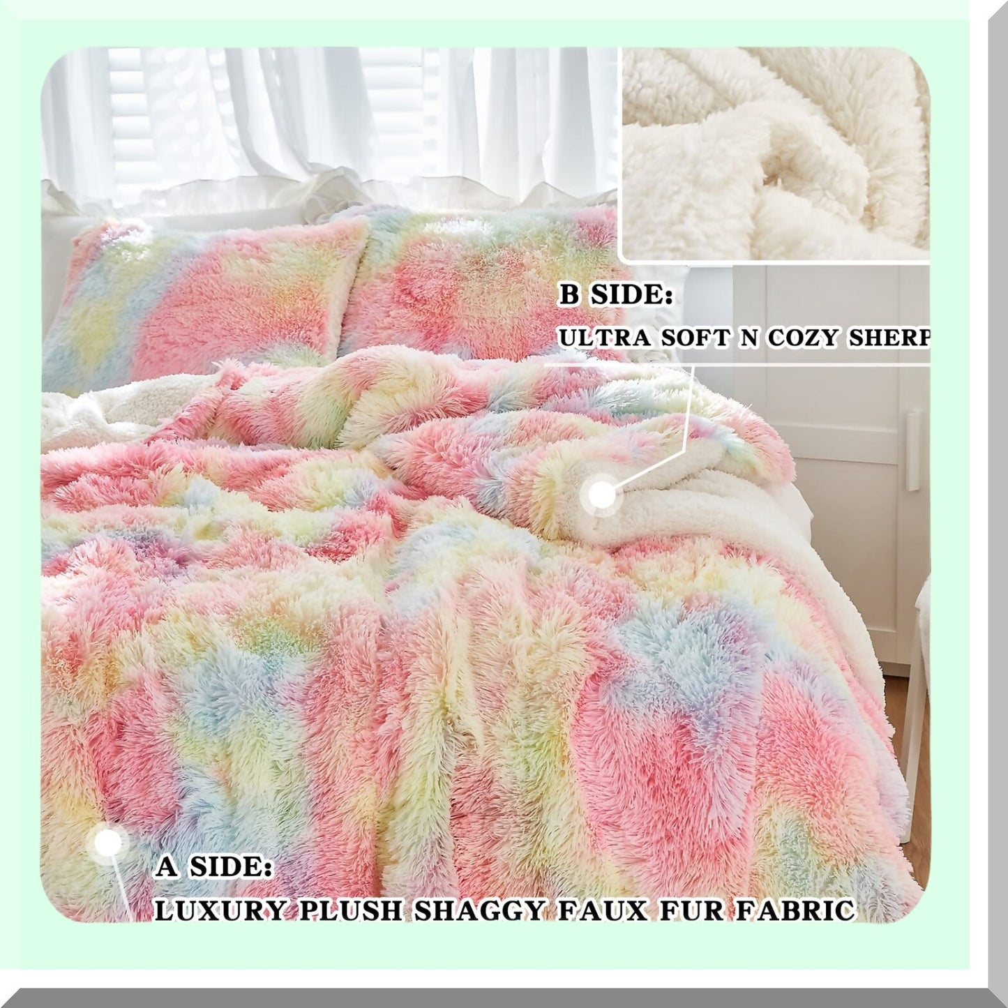 Luxury Rainbow Sherpa Comforter Set - Plush Shaggy Bedding for Winter - Ultra Cozy Fluffy 3-Piece Bed Set - Size 100x88 inches - Warm Reversible