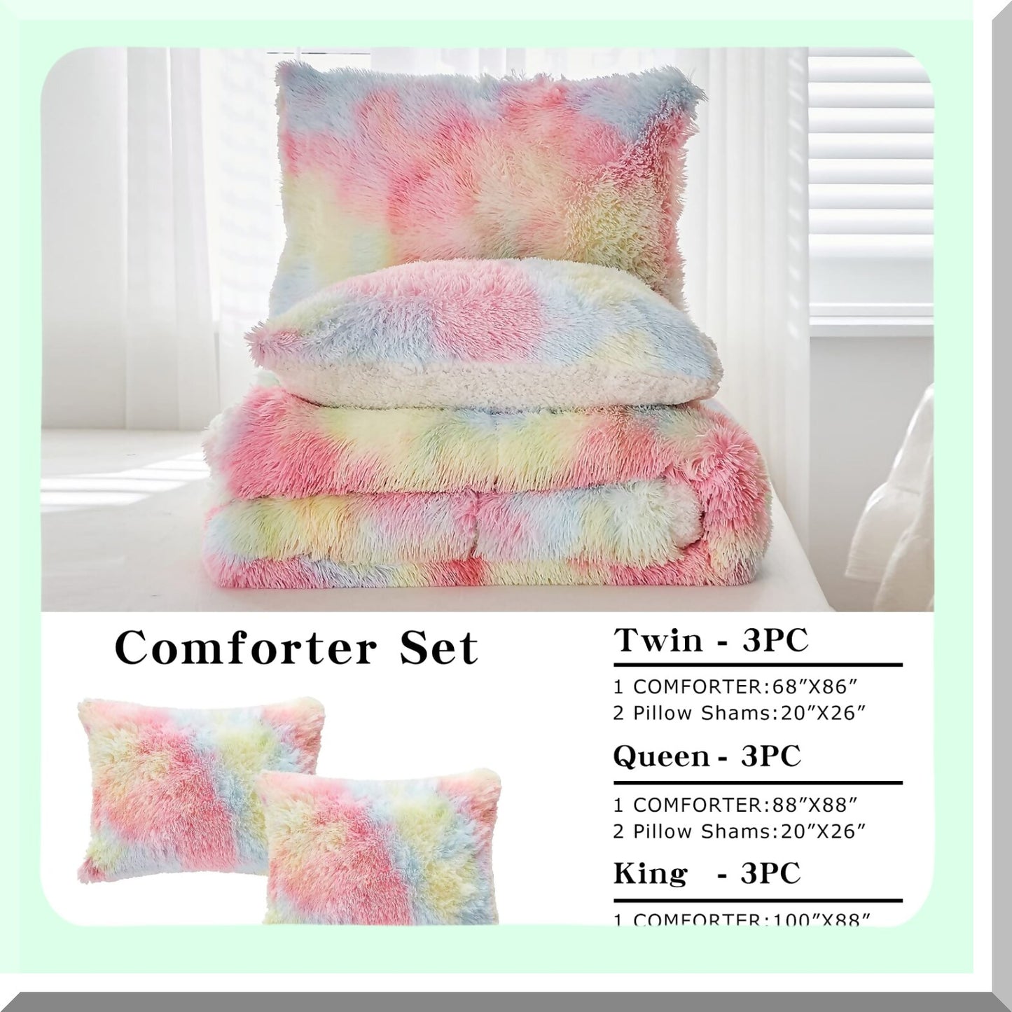 Luxury Rainbow Sherpa Comforter Set - Plush Shaggy Bedding for Winter - Ultra Cozy Fluffy 3-Piece Bed Set - Size 100x88 inches - Warm Reversible