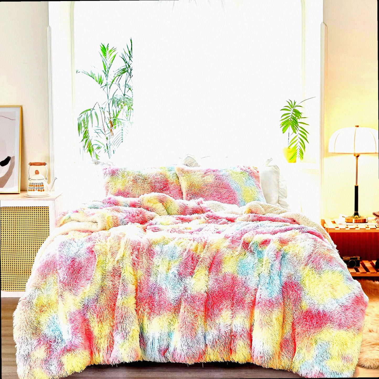 Luxury Rainbow Sherpa Comforter Set - Plush Shaggy Bedding for Winter - Ultra Cozy Fluffy 3-Piece Bed Set - Size 100x88 inches - Warm Reversible