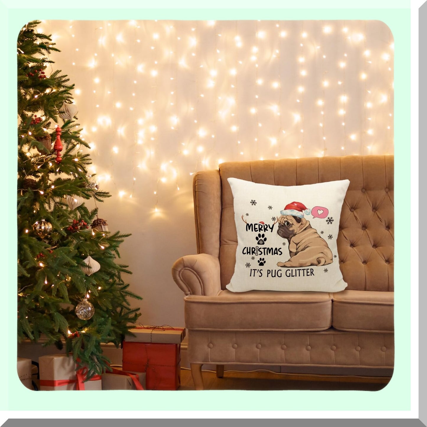 Pug Paradise 18x18 Pillow Covers - Glitter Decorative Throw Pillow Set for Pug Lovers - Pug Decorations and Gifts - Merry Pug Decor Collection